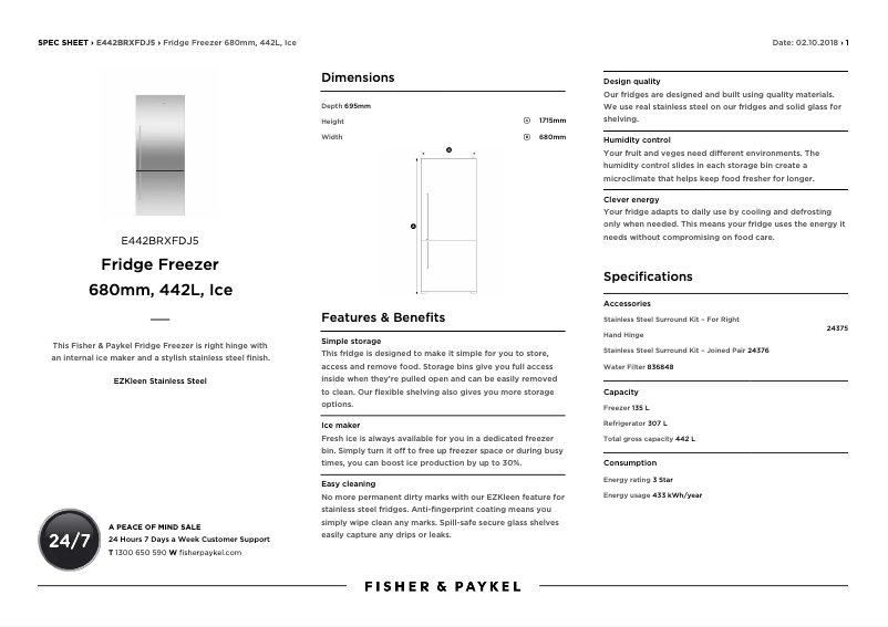 Page 1 de la notice Fiche technique Fisher & Paykel E442BRXFDJ5