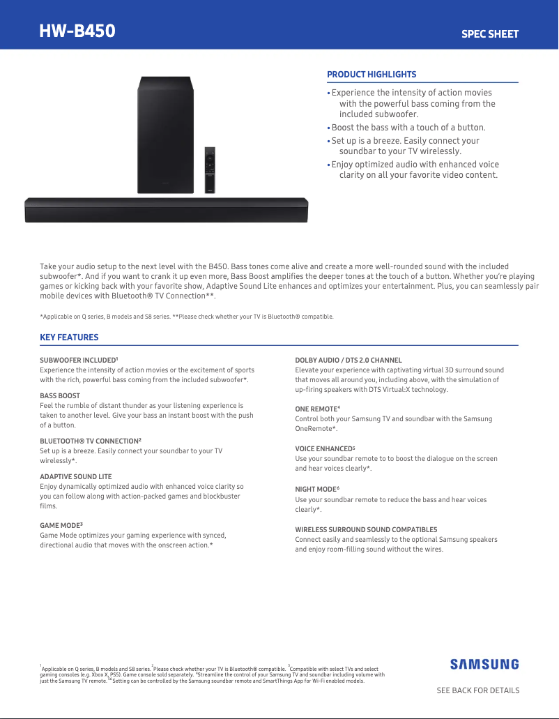 Page 1 de la notice Fiche technique Samsung HW-B450