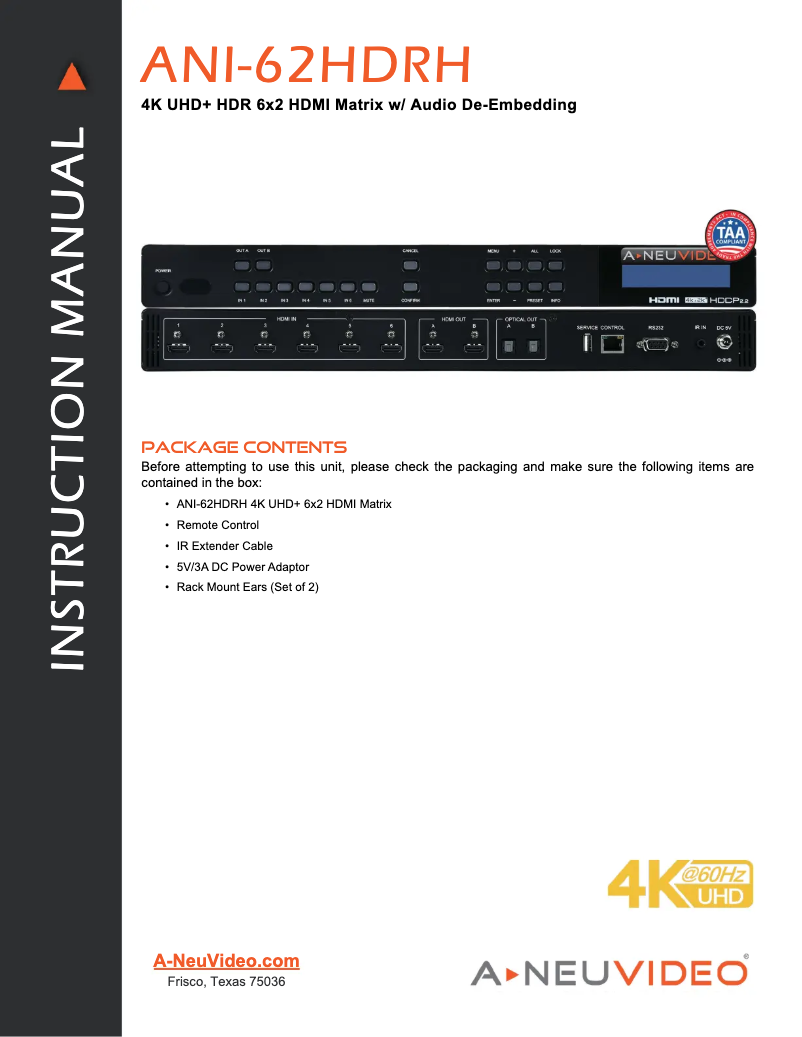 Page 1 de la notice Manuel utilisateur A-NeuVideo ANI-62HDRH