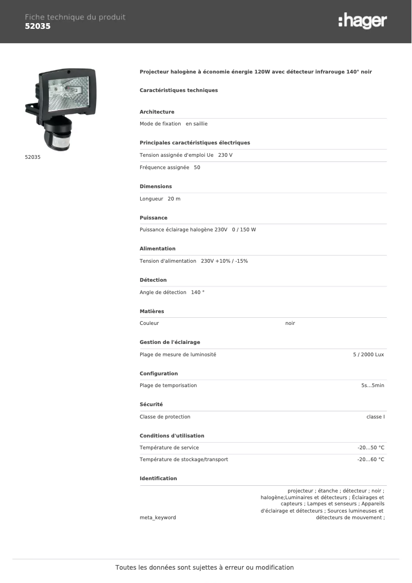 Page 1 de la notice Fiche technique Hager 52035
