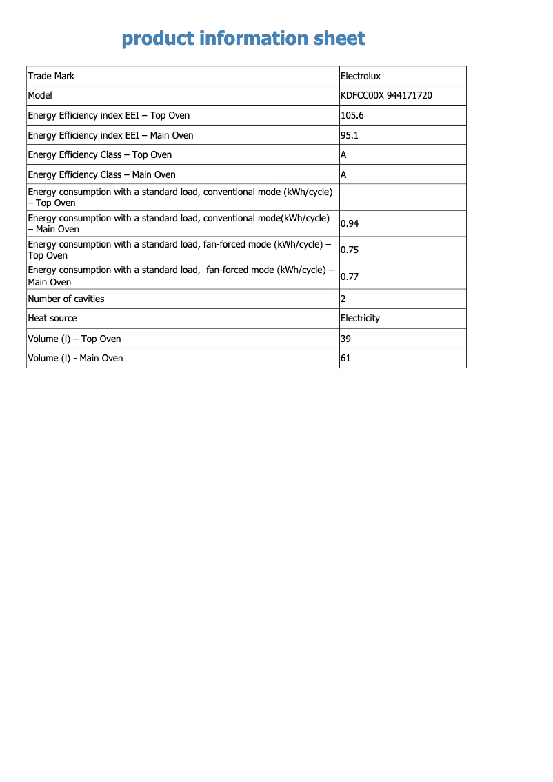 Page 1 de la notice Fiche technique Electrolux KDFCC00X