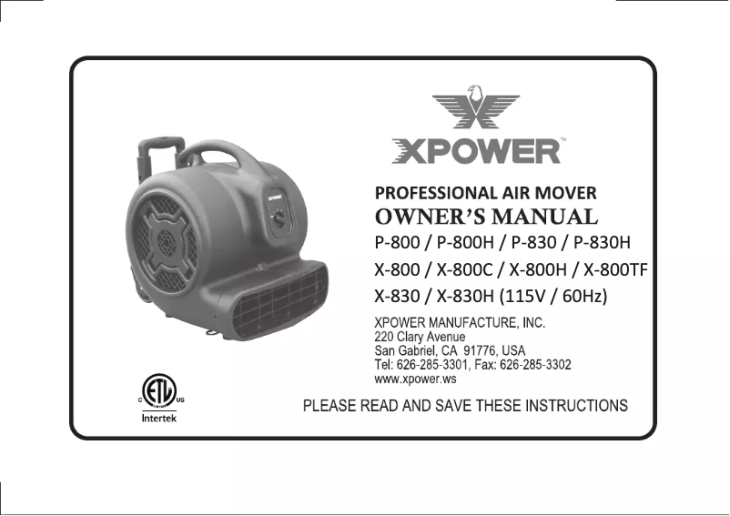 Page 1 de la notice Manuel utilisateur XPower P-800H