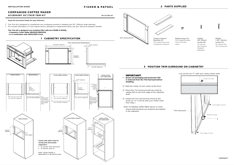 Page 1 de la notice Guide d'installation Fisher & Paykel TK76NDBB1