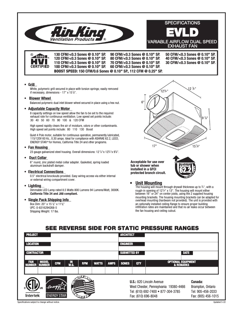 Page 1 de la notice Fiche technique Air King EVLD
