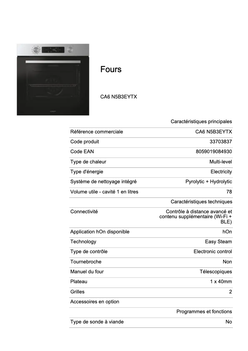 Page n°1 - Fiche technique Candy CA6 N5B3EYTX