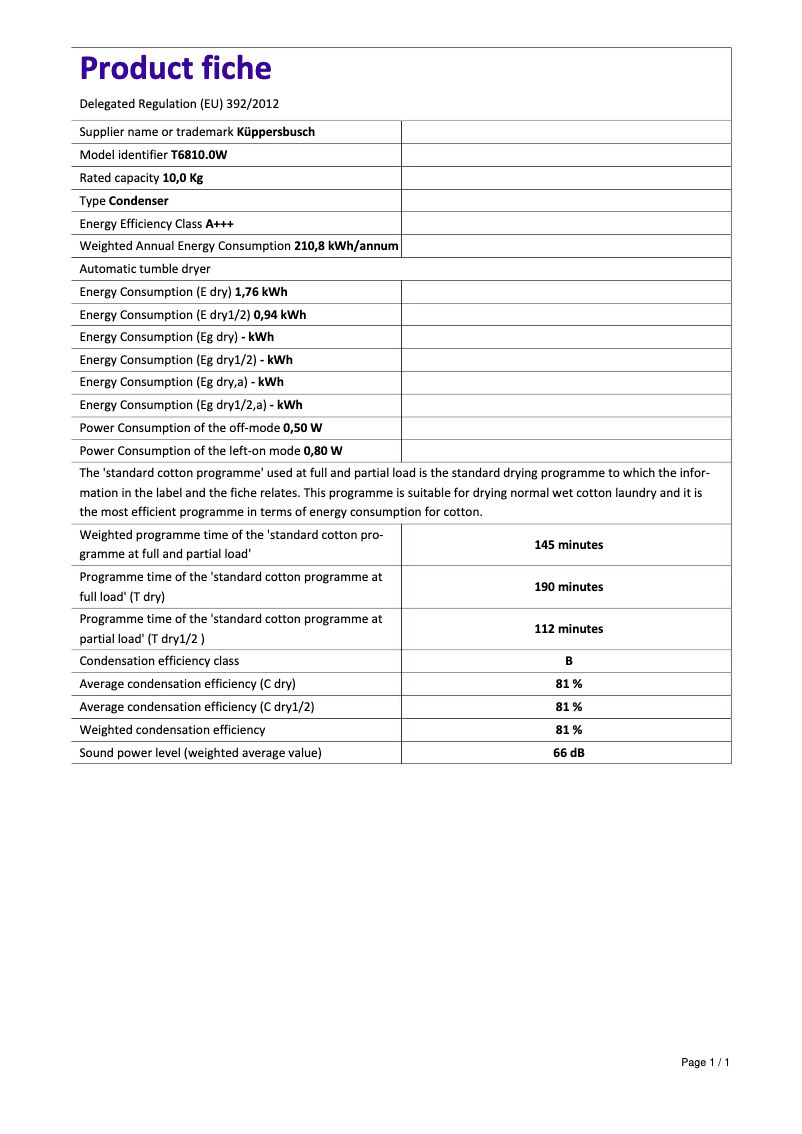 Page 1 de la notice Manuel utilisateur Küppersbusch T6810.0W