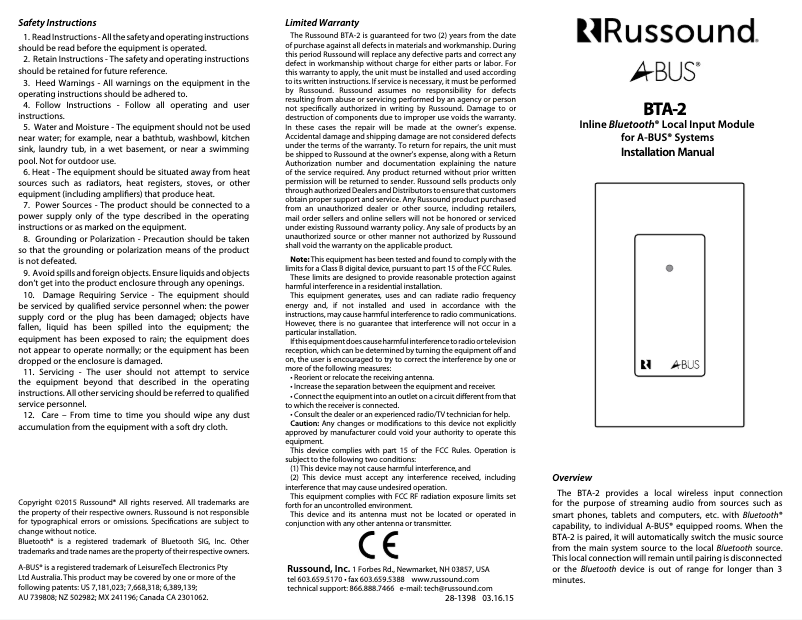 Page n°1 - Manuel utilisateur Russound BTA-2