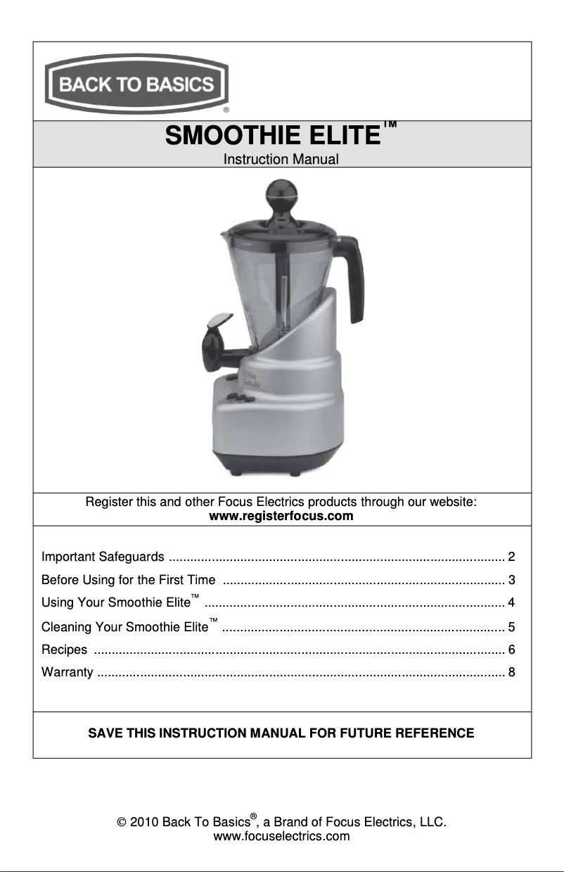 Page n°1 - Manuel utilisateur Back to Basics Smoothie Elite