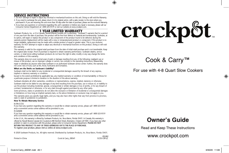 Page 1 de la notice Manuel utilisateur Crock-Pot Cook & Carry SCCPVL610-S-ABR