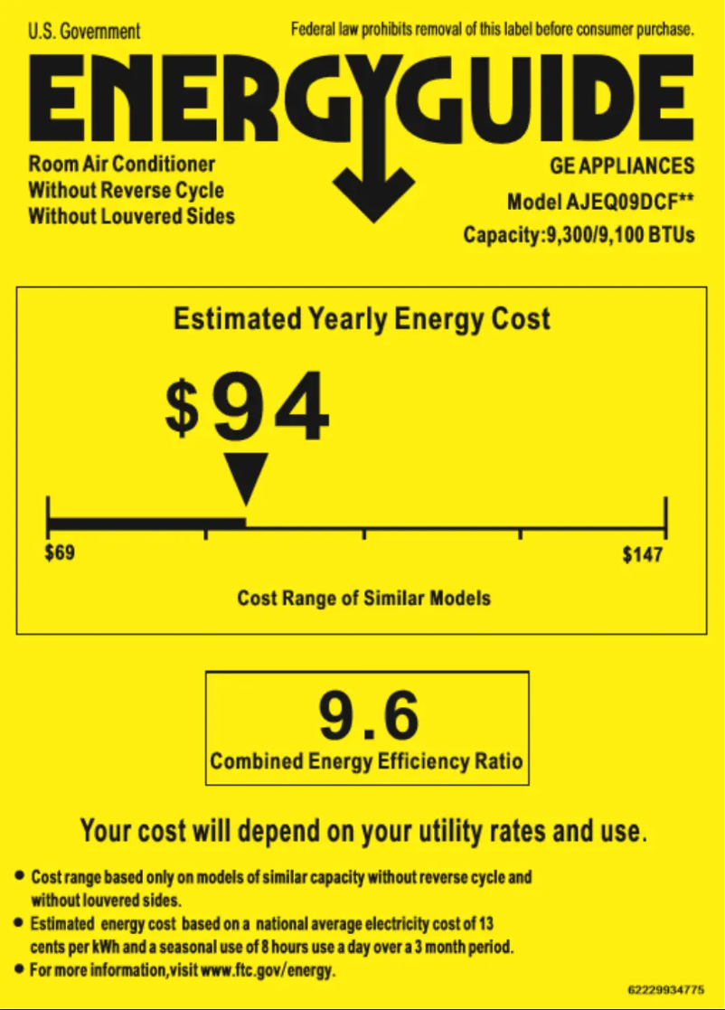 Page 1 de la notice Label énergétique GE AJEQ09DCF