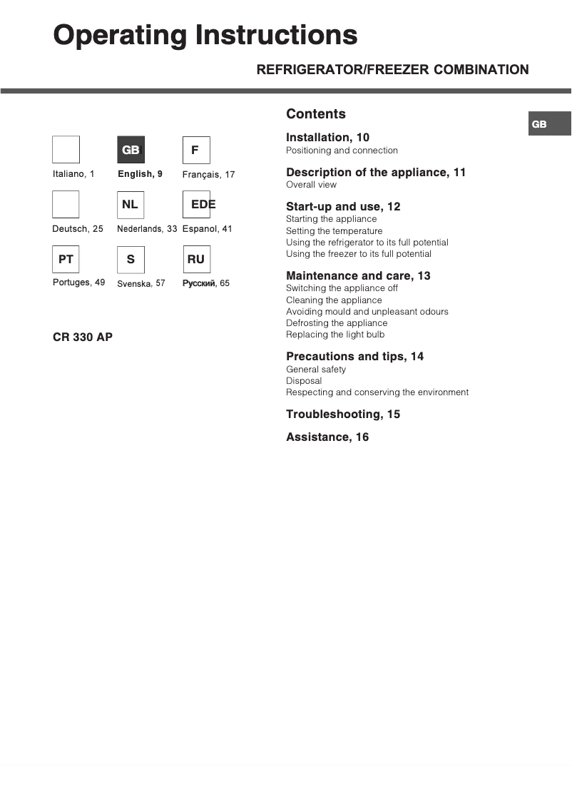 Page n°1 - Manuel utilisateur Smeg CR330AP