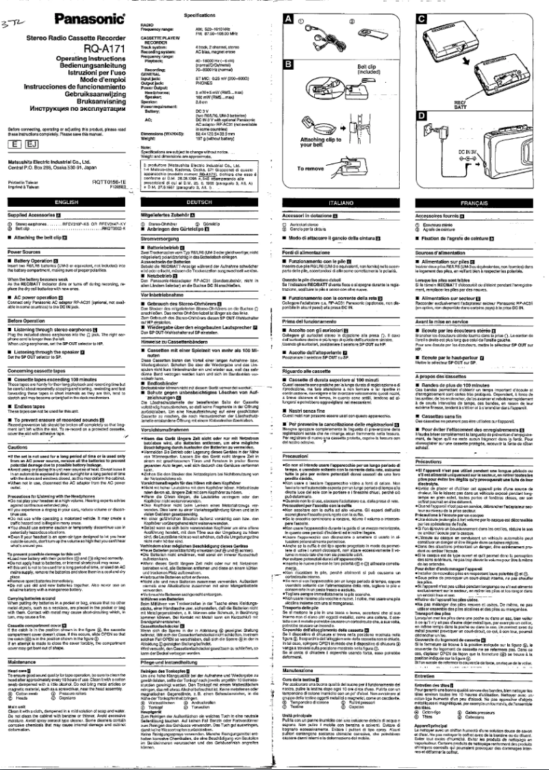 Page 1 de la notice Manuel utilisateur Panasonic RQ-A171