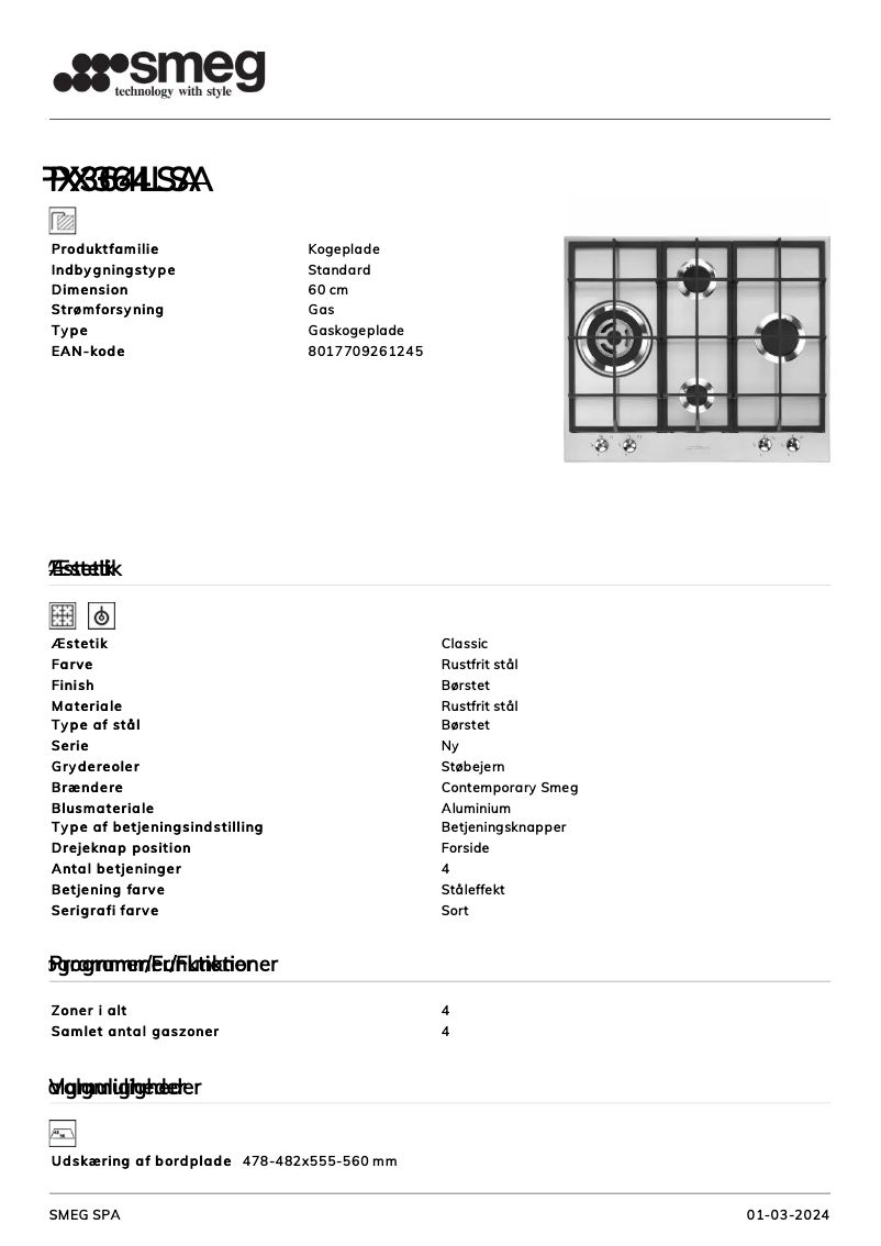 Page n°1 - Fiche technique Smeg PX364LSA