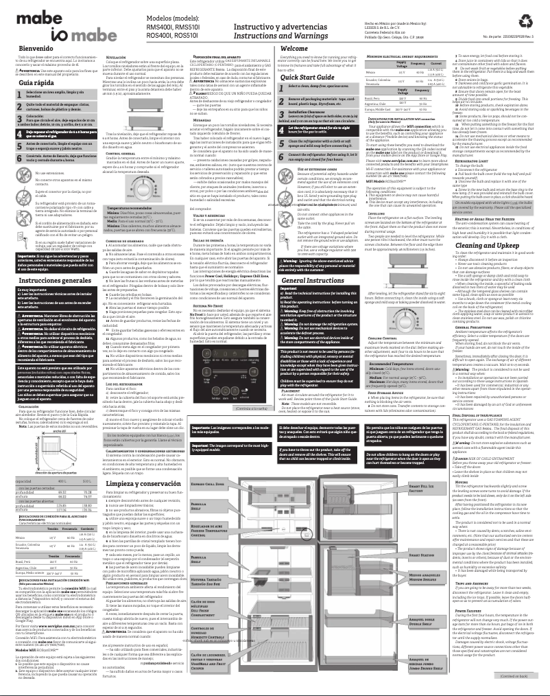 Page 1 de la notice Manuel utilisateur Mabe RMS400IXMRE0