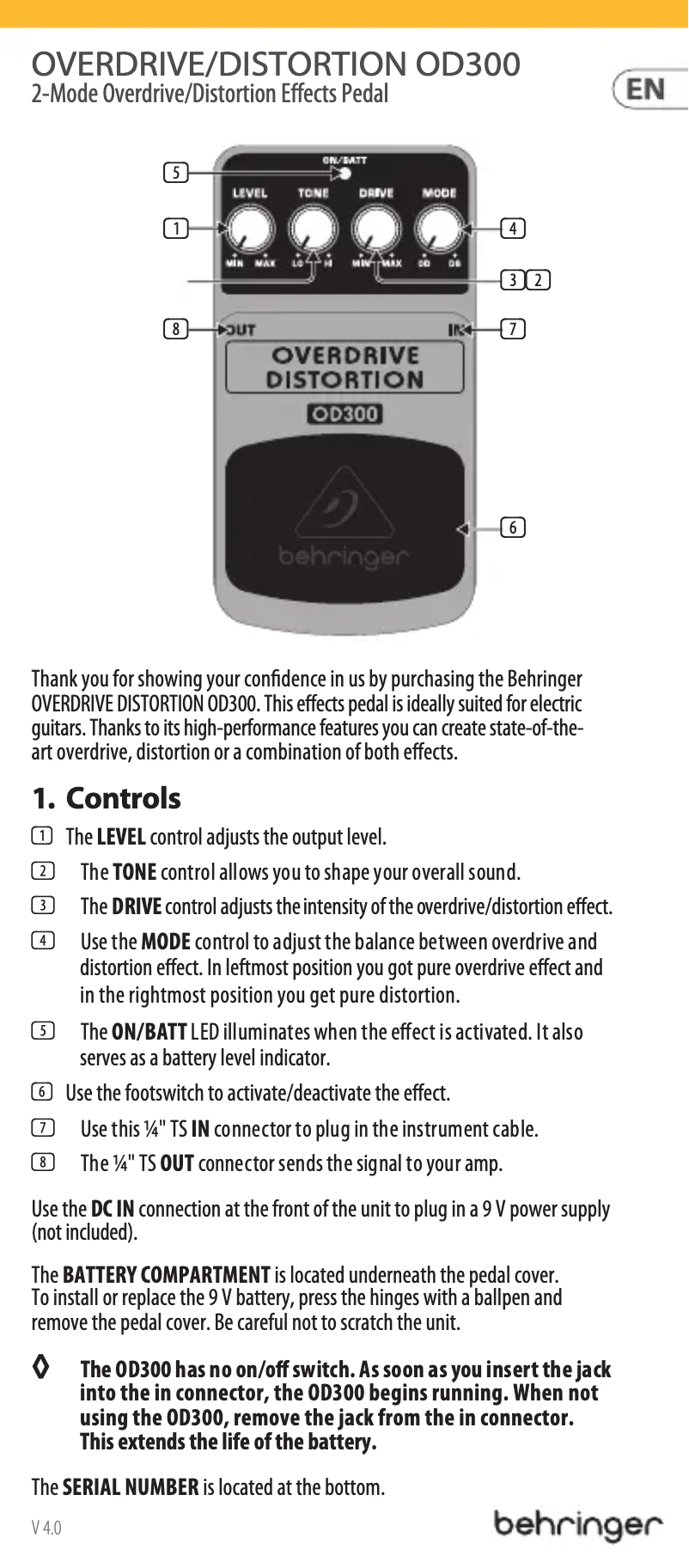 Page n°1 - Manuel utilisateur Behringer Overdrive Distortion OD300