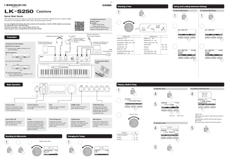 Page n°1 - Guide de démarrage rapide Casio Casiotone LK-S250