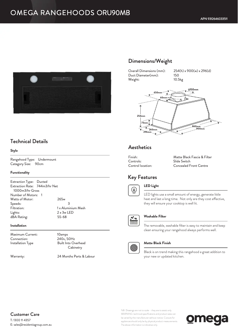 Page n°1 - Fiche technique Omega ORU90MB