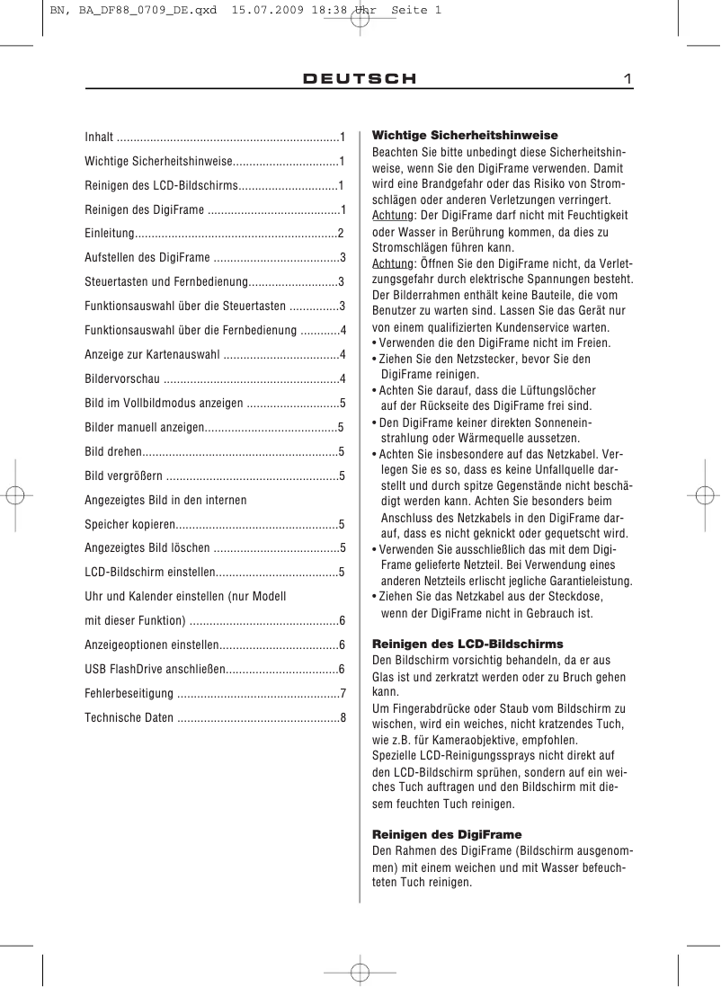 Page n°1 - Manuel utilisateur Braun DigiFrame 88