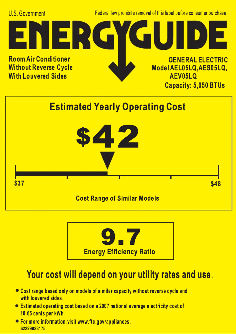 Page 1 de la notice Label énergétique GE AEL05LQ