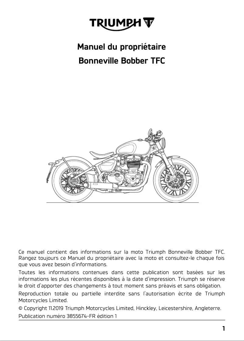 Page 1 de la notice Manuel utilisateur Triumph Bonneville Bobber TFC (2020)