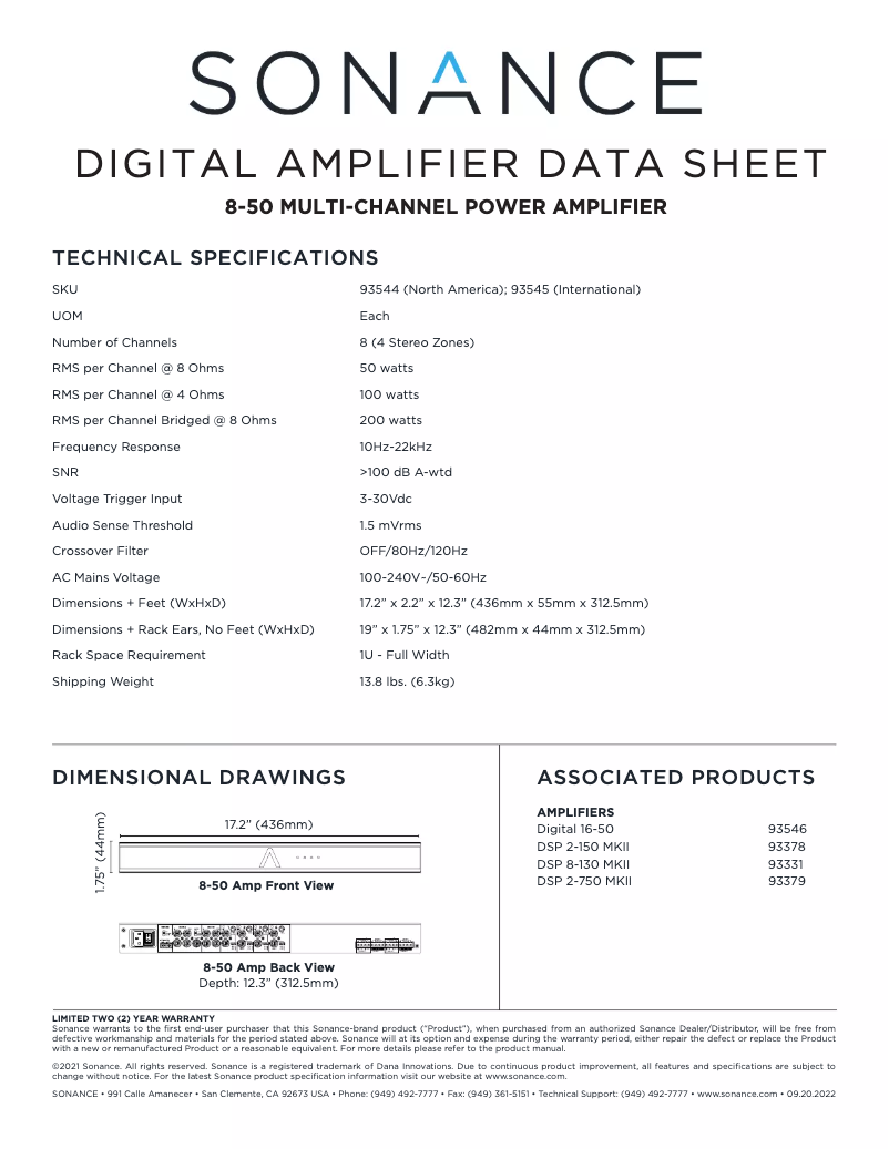 Page 1 de la notice Fiche technique Sonance 8-50