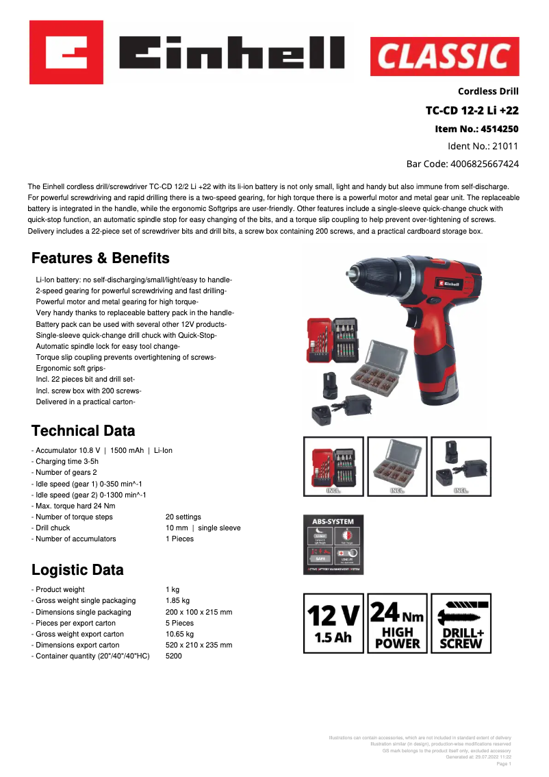 Page 1 de la notice Fiche technique Einhell TC-CD 12-2 Li