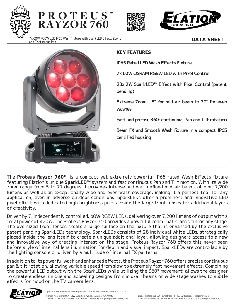 Page 1 de la notice Fiche technique Elation Proteus Rayzor 760