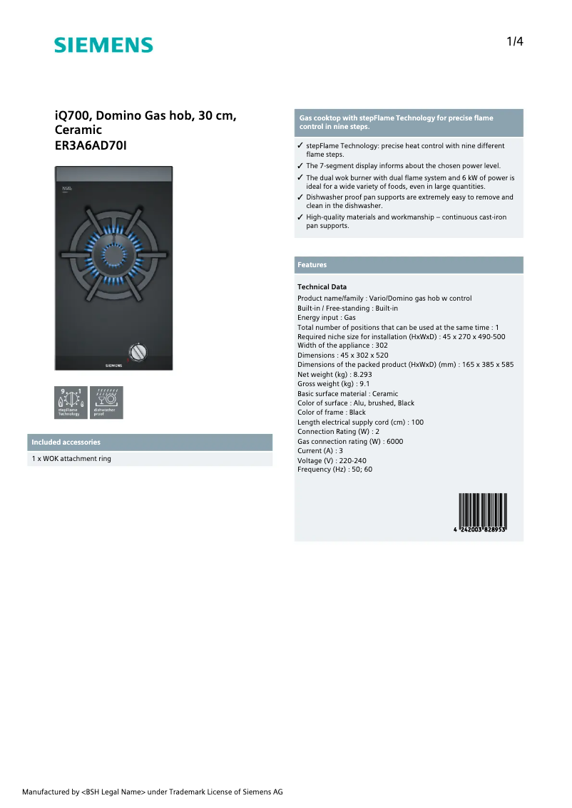Page 1 de la notice Fiche technique Siemens ER3A6AD70I