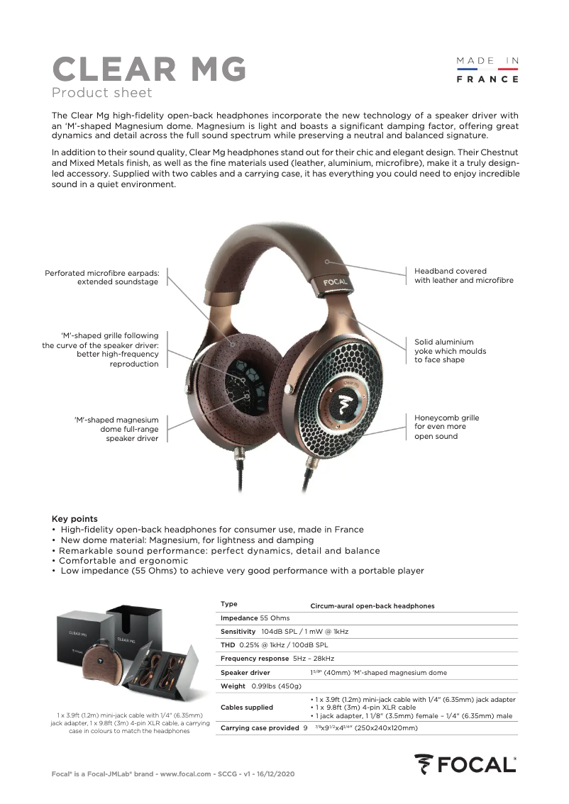 Page 1 de la notice Fiche technique Focal Clear MG Professional
