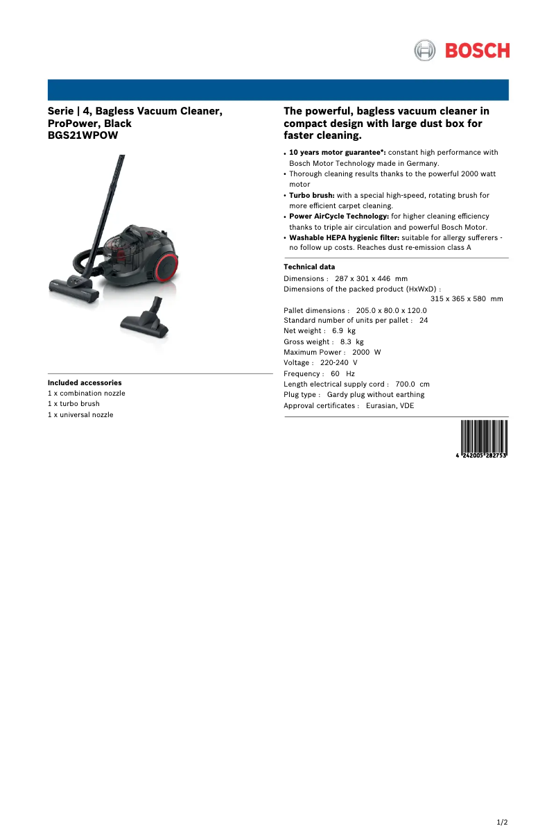 Page 1 de la notice Fiche technique Bosch BGS21WPOW