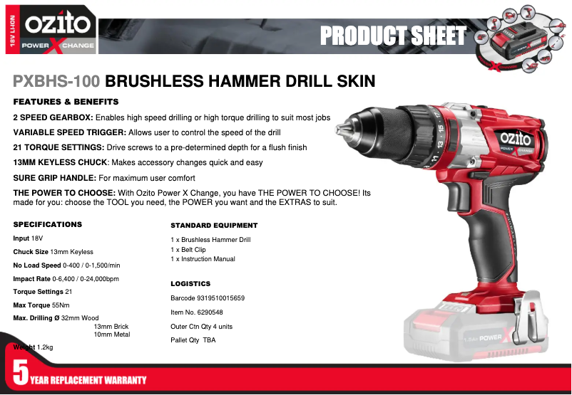 Page 1 de la notice Fiche technique Ozito PXBHS-100