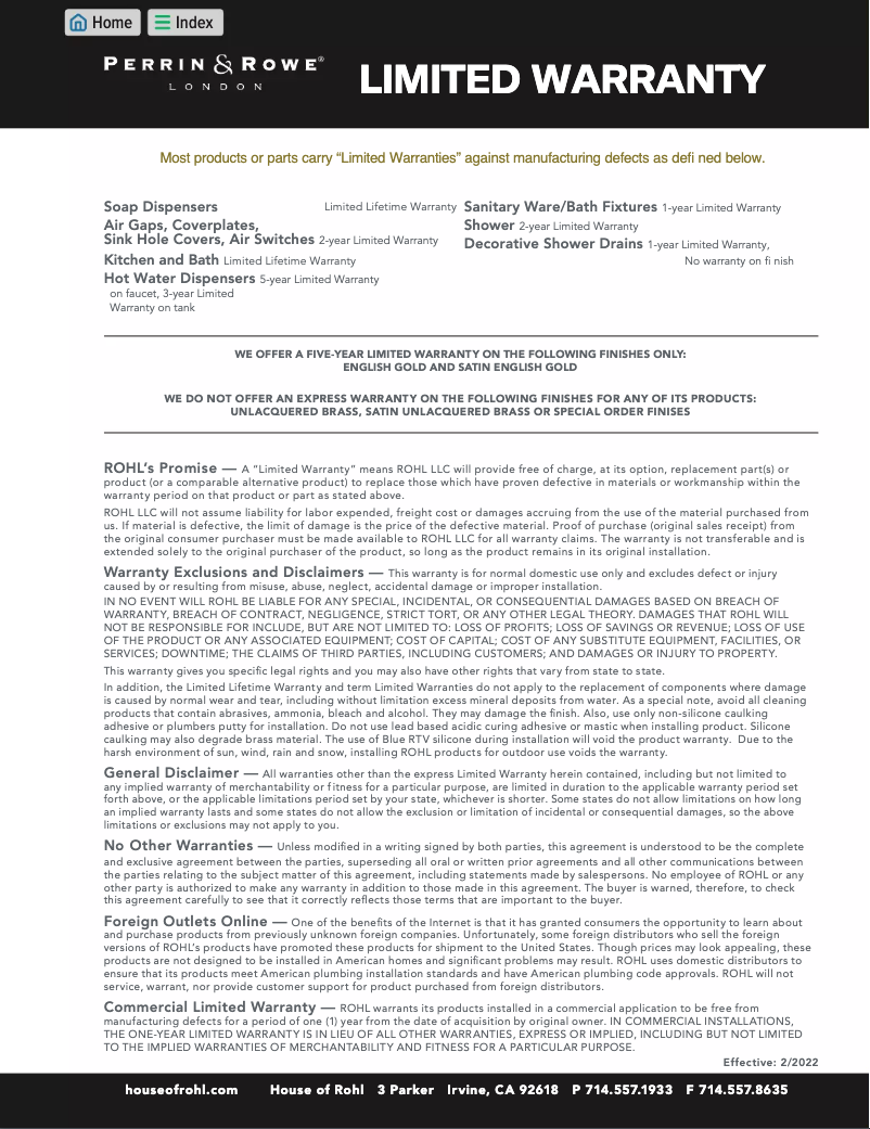 Página 1 del manual Información de garantía Rohl RSS1515