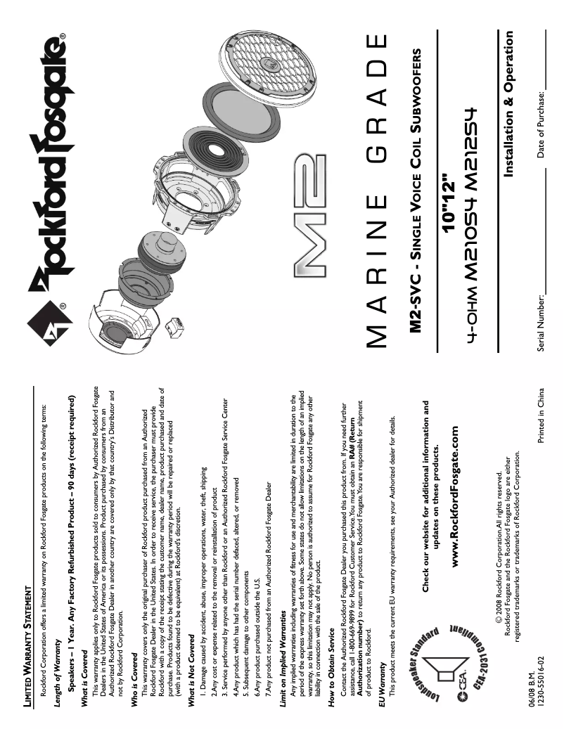 Page n°1 - Manuel utilisateur Rockford Fosgate Marine M212S4