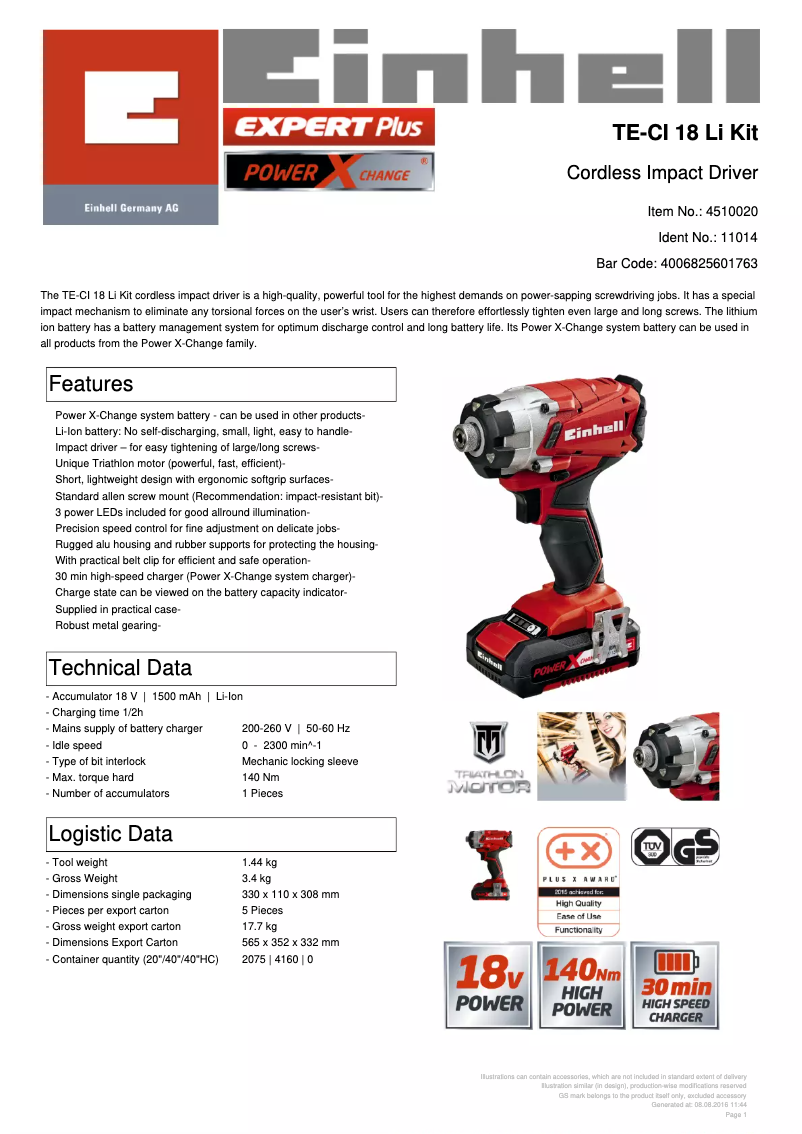 Page 1 de la notice Fiche technique Einhell TE-CI 18 Li Kit
