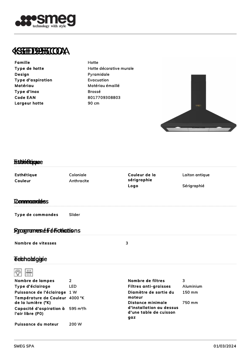 Page 1 de la notice Fiche technique Smeg KSED95COA