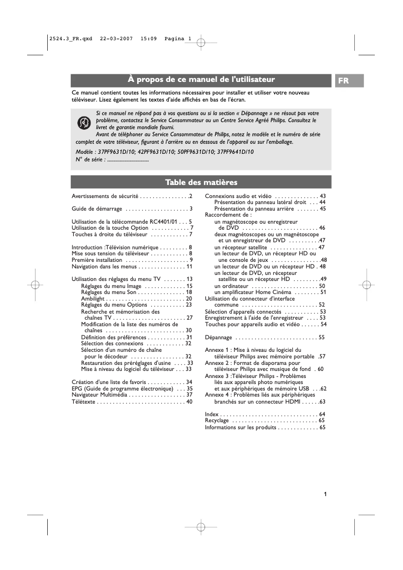 Page 1 de la notice Manuel utilisateur Philips Cineos 37PF9641D