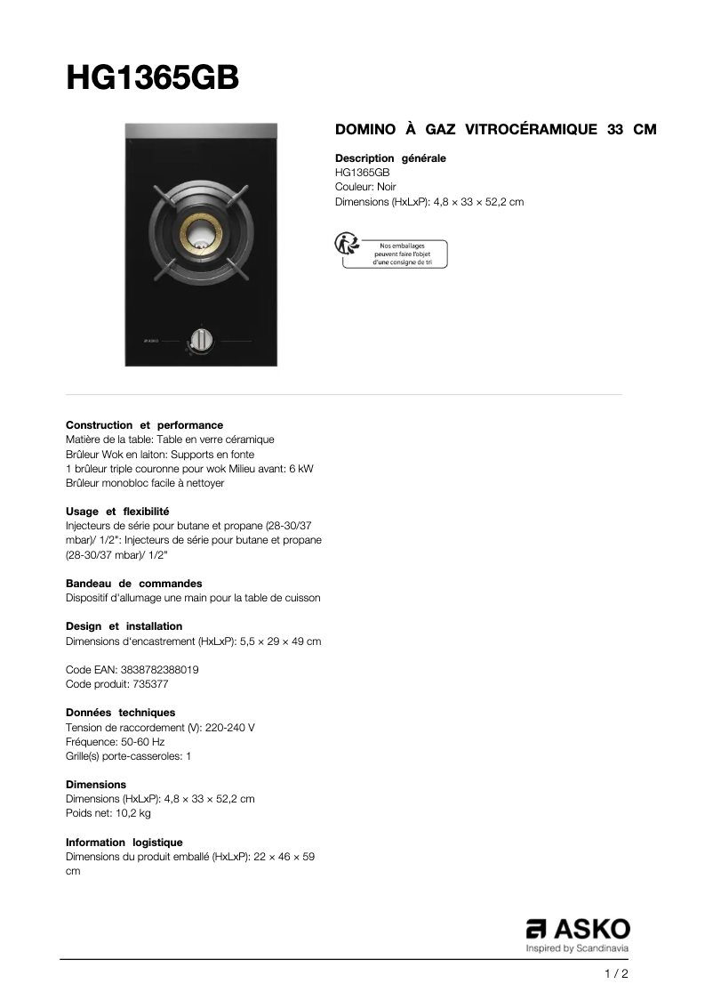 Page n°1 - Fiche technique Asko HG1365GB