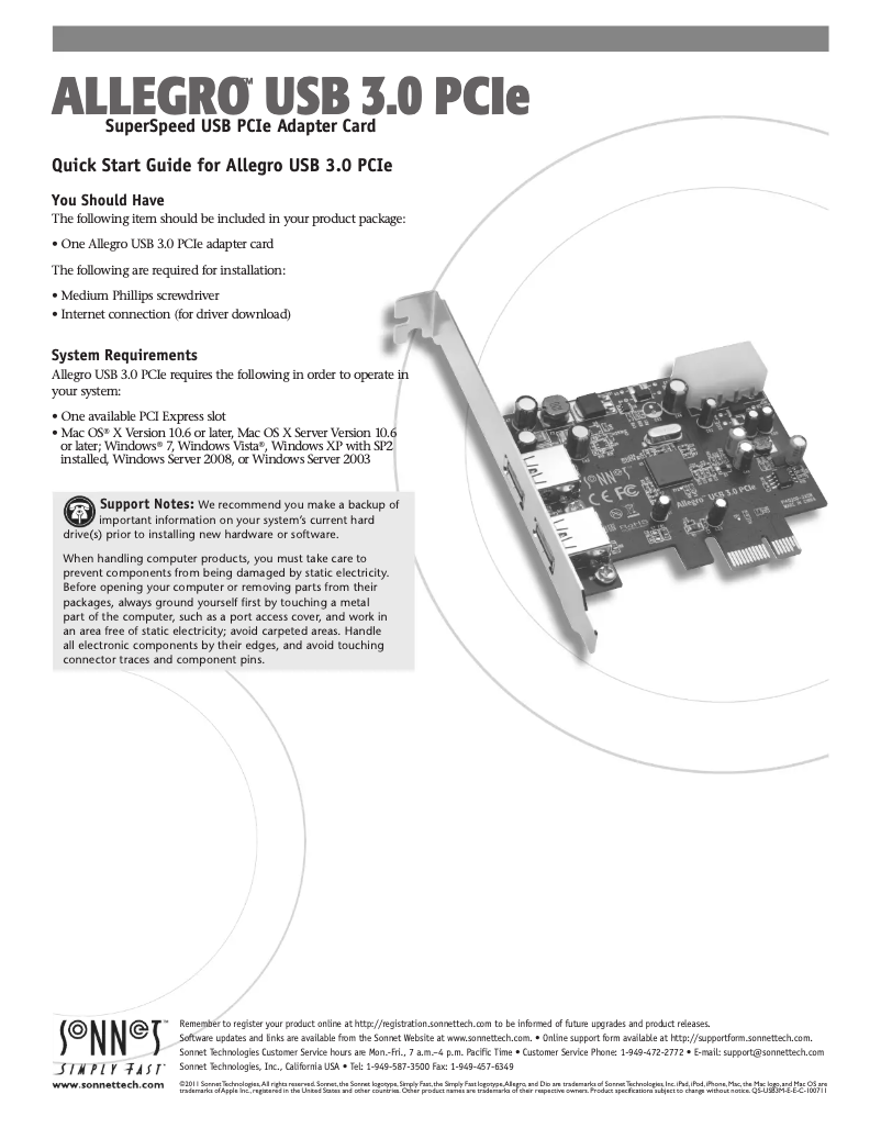 Page 1 de la notice Manuel utilisateur Sonnet Allegro USB 3.0 PCIe