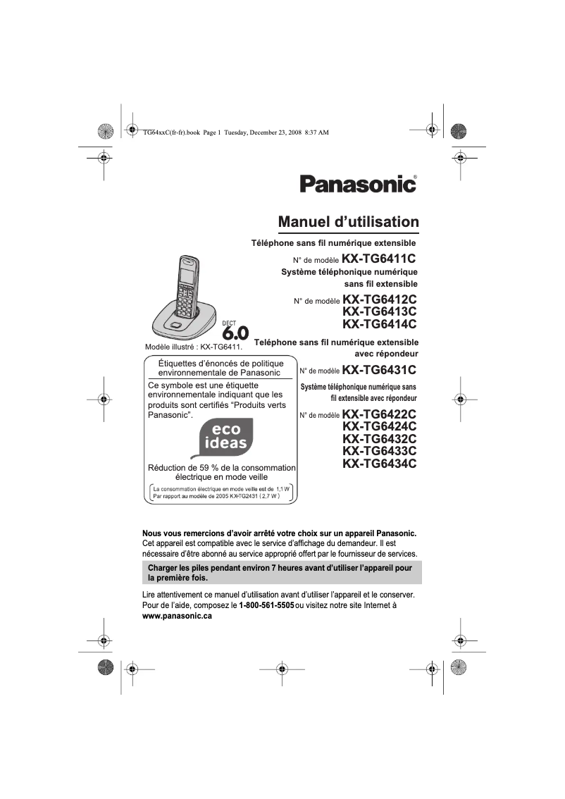 Page 1 de la notice Manuel utilisateur Panasonic KX-TG6413