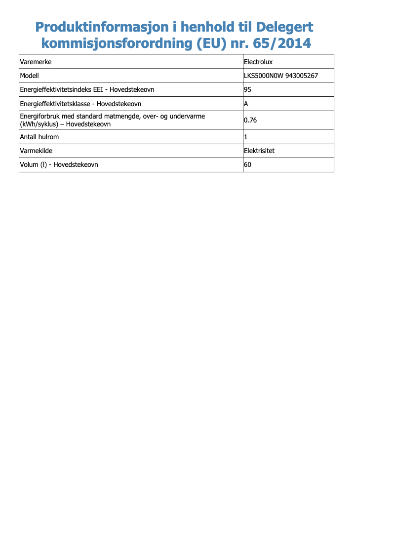 Page 1 de la notice Fiche technique Electrolux LKS5000N0W