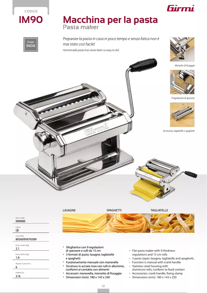 Page 1 de la notice Fiche technique Girmi IM90