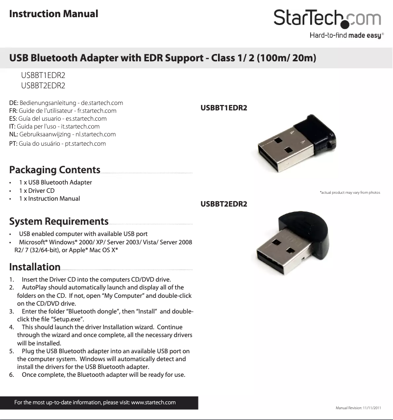 Image de la première page du manuel de l'appareil USBBT2EDR2