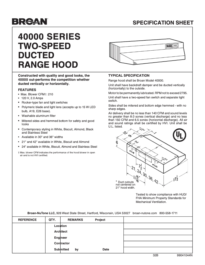 Page 1 de la notice Fiche technique Broan 403002