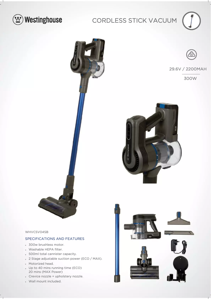 Page 1 de la notice Fiche technique Westinghouse WHVCSV04SB