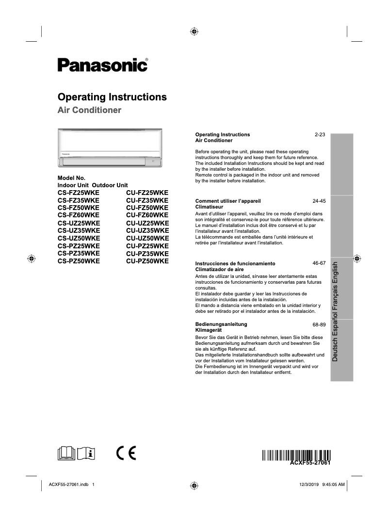 Página 1 del manual Manual de usuario Panasonic CS-FZ50WKE