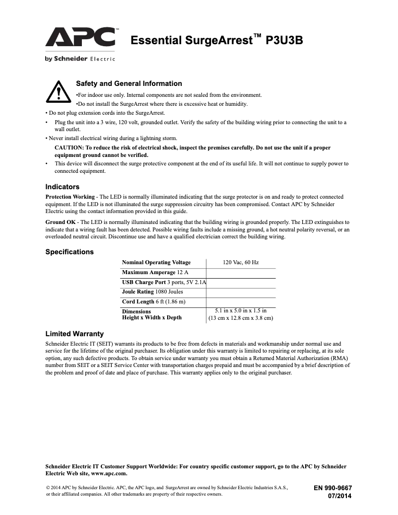 Image de la première page du manuel de l'appareil SurgeArrest Essential P3U3B