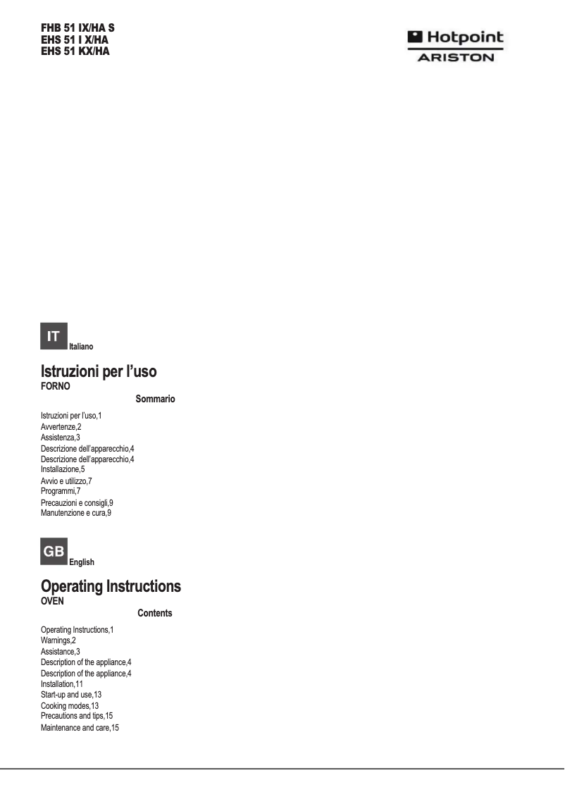 Page n°1 - Manuel utilisateur Hotpoint Ariston EHS 51 KX/HA