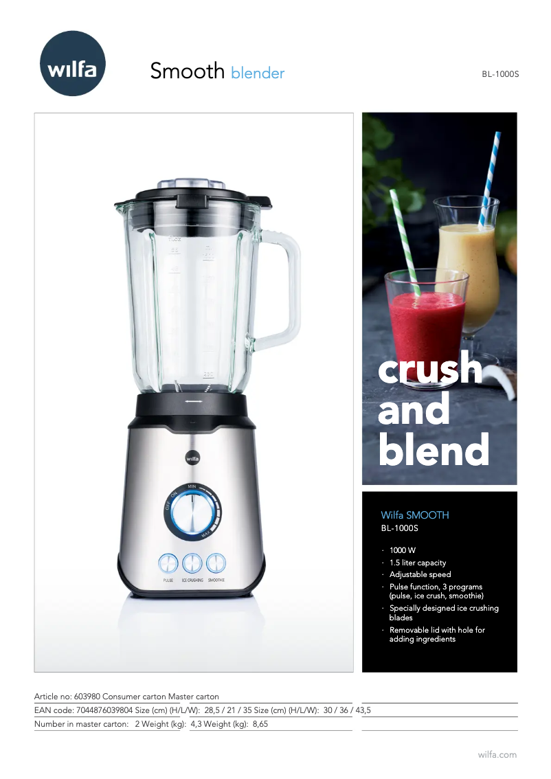 Page n°1 - Fiche technique Wilfa Smooth BL-1000S