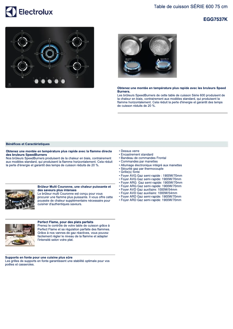 Page 1 de la notice Fiche technique Electrolux EGG7537K