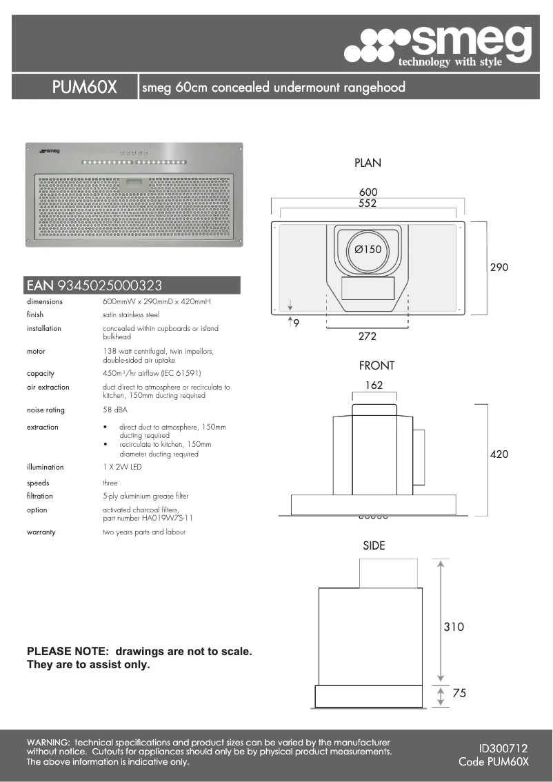 Page n°1 - Fiche technique Smeg PUM60X